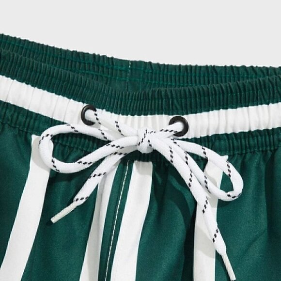 Green Vacation Style Striped Men's Swim Trunks - Picture 4 of 6
